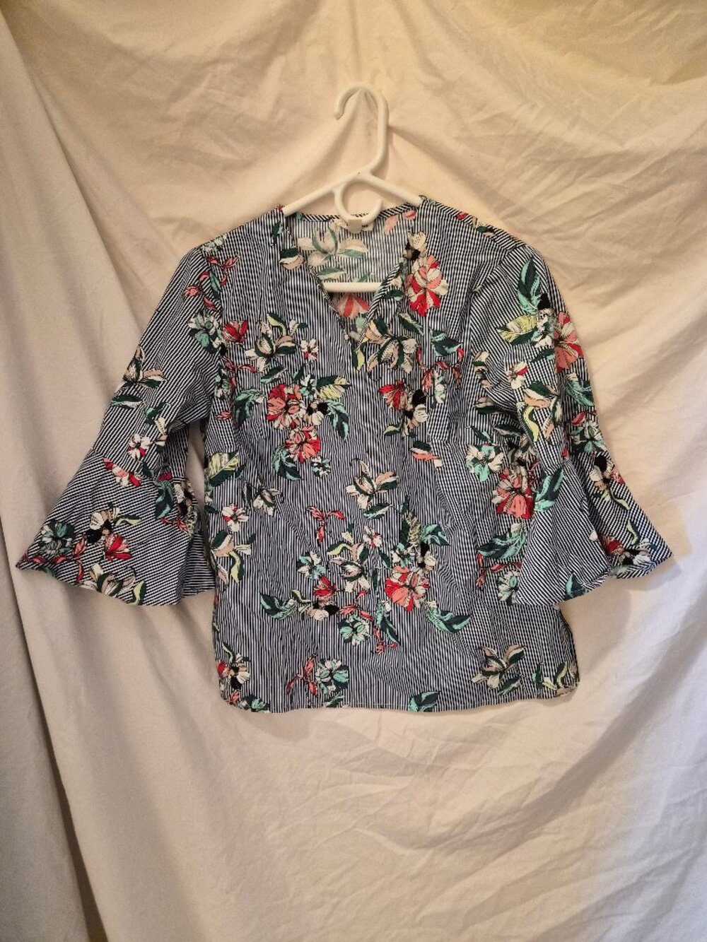 Messini Petite Medium Floral Striped Bell Sleeve Blouse 100% Cotton Boho Top PM